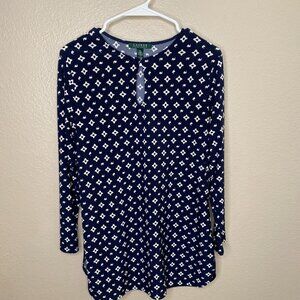 Lauren Ralph Lauren Womens Navy White Patterned Tunic Top M Polyester round neck